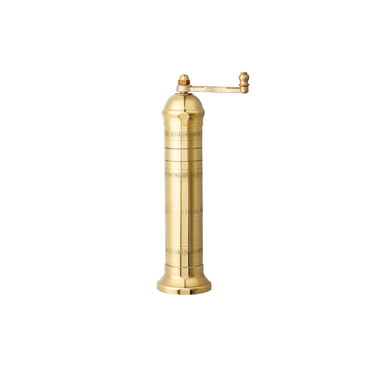 Alexander Mills Brass Salt Mill #109 - Brass, 230mm / 9" tall, 3DCut food-safe plastic (40% glass) grinding system, stainless-steel shaft, adjustable fast salt grinding, handcrafted Greek, durable polished body, easy-grind long arm, open-bottom flanged base, kitchen tool, flavor-maximizing mill, pairs with pepper mill #104.