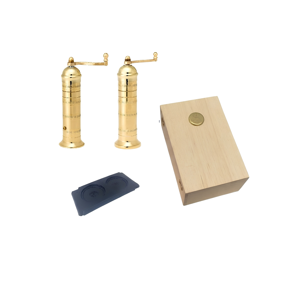 Alexander Mills Brass Salt & Pepper Grinder Gift Set 20cm with mill holder in Presentation Wood Box, grinders have 3DCut system for pepper or salt grinding for maximum flavor and aroma.
