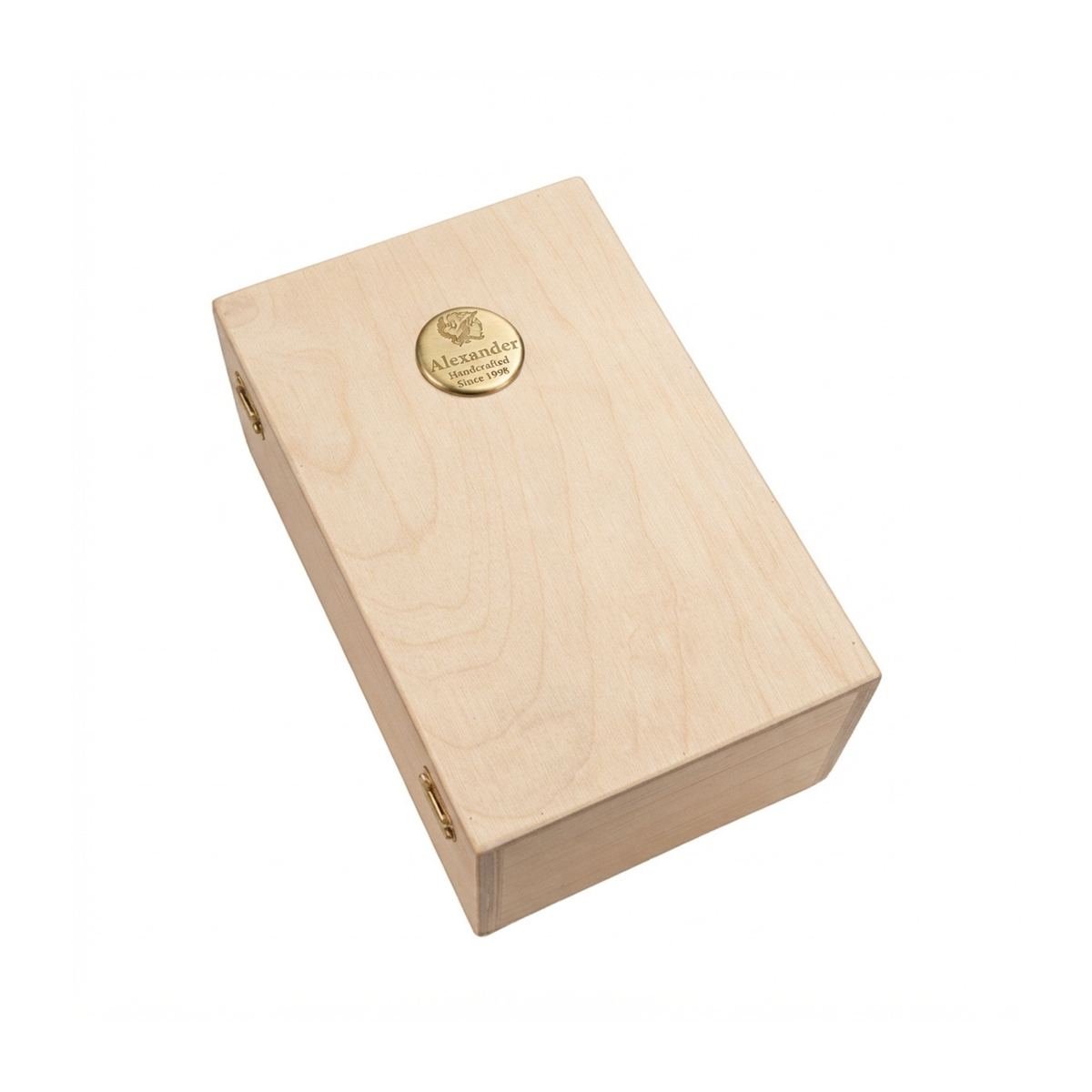Semi top view of the box from Alexander Mills Brass Salt & Pepper Grinder Gift Set 20cm in Presentation Wood Box, grinders have 3DCut system for pepper or salt grinding for maximum flavor and aroma.