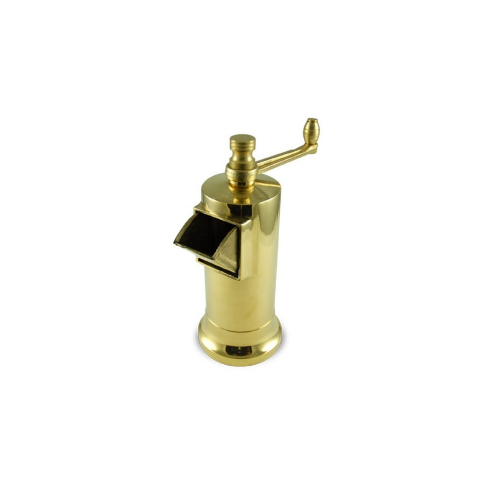 Alexander Mills Cast Brass Pepper Mill #006 - Cast brass, 135mm / 5.3" tall, 3DCut metal grinding system, adjustable coarse-fine, side refill socket, handcrafted Greek, durable polished body, easy-grind long arm, open-bottom flanged base, kitchen tool, flavor-maximizing pepper grinder.