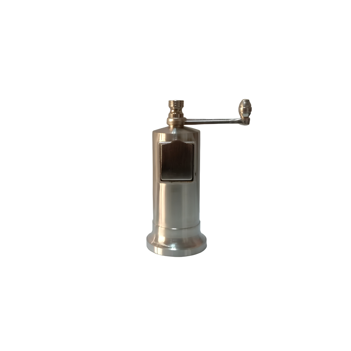 Front view of the Alexander Mills Chefs Mate Pepper Grinder Chrome Brushed plated in nickel matt finish, has a side pocket for easy refilling, with 3DCut system for fine or coarse peppercorn grinding.