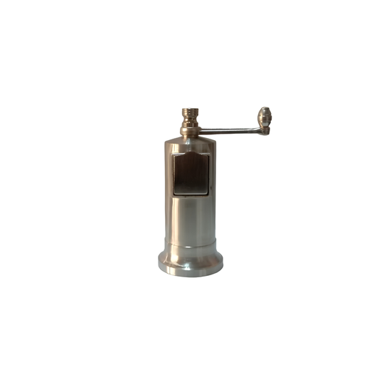Front view of the Alexander Mills Chefs Mate Pepper Grinder Chrome Brushed plated in nickel matt finish, has a side pocket for easy refilling, with 3DCut system for fine or coarse peppercorn grinding.