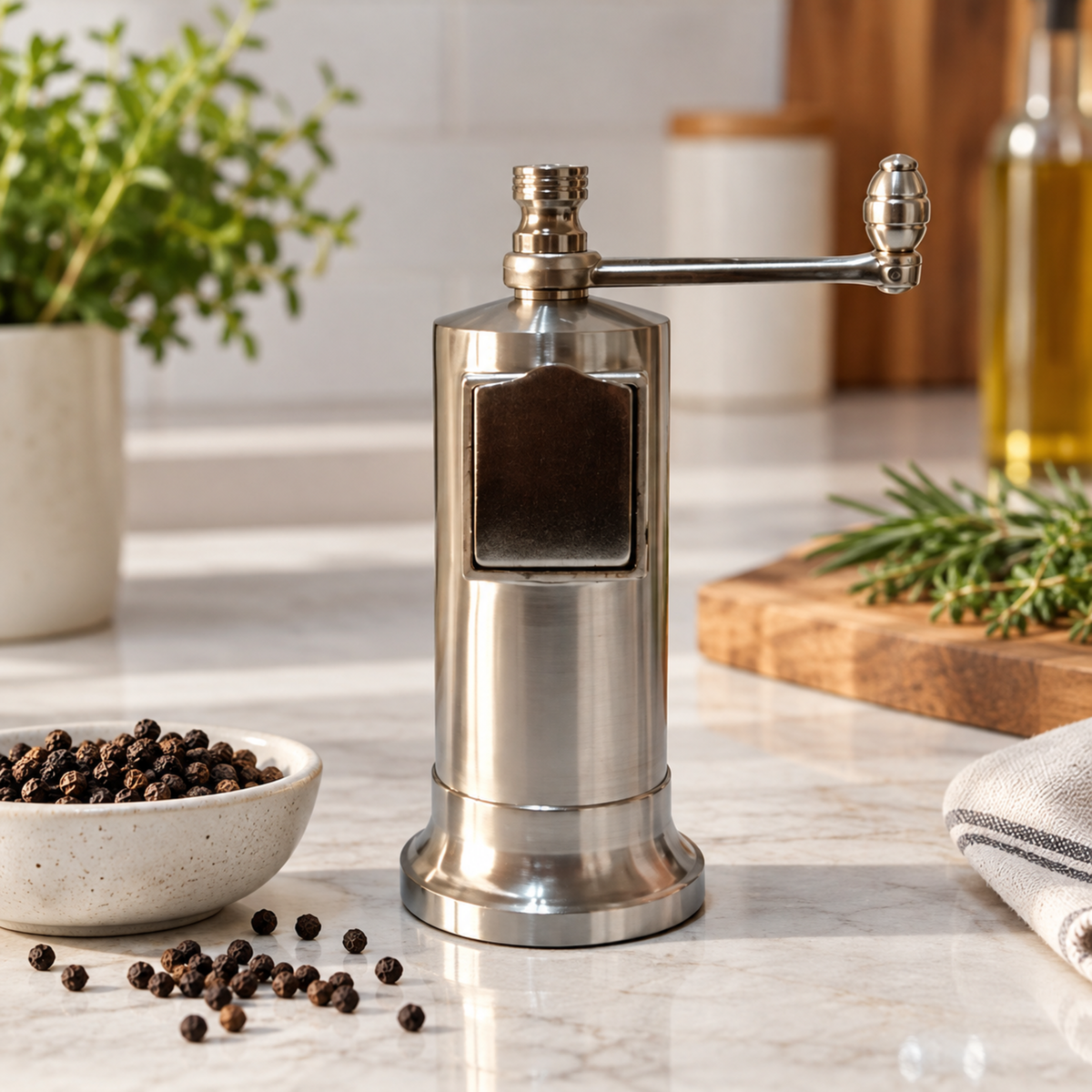 Alexander Mills Chefs Mate Pepper Grinder Chrome Brushed plated in nickel matt finish seen on the table, has a side pocket for easy refilling, with 3DCut system for fine or coarse peppercorn grinding.