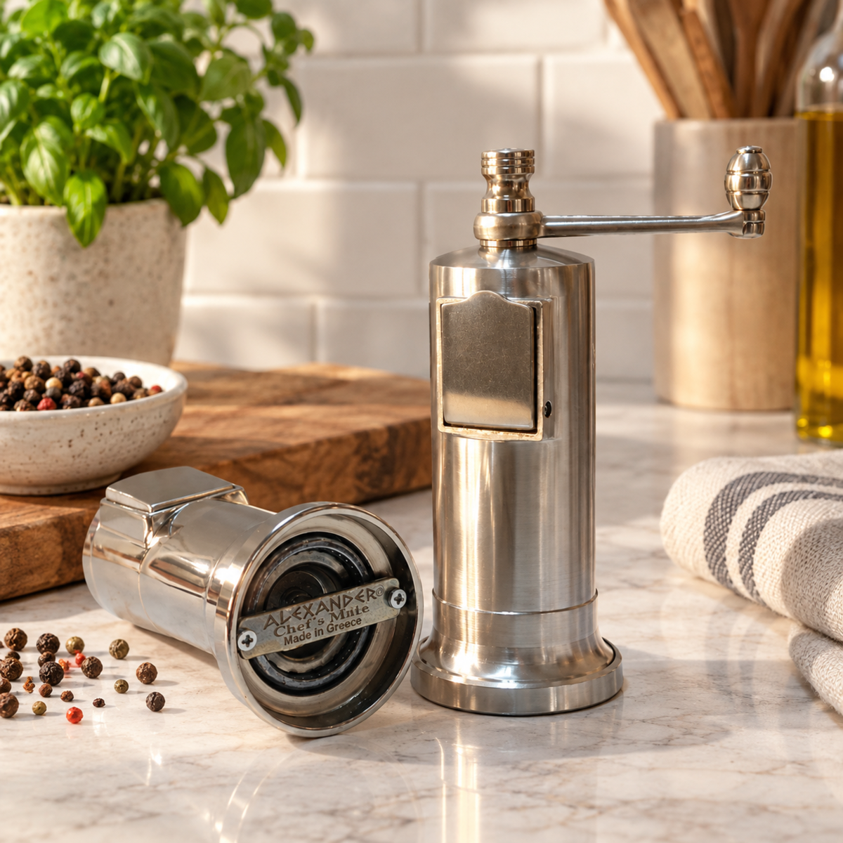 Two Alexander Mills Chefs Mate Pepper Grinder Chrome Brushed plated in nickel matt finish on the kitchen table, has a side pocket for easy refilling, with 3DCut system for fine or coarse peppercorn grinding.
