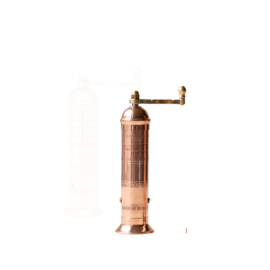 Front view of the Alexander Mills Copper Pepper Grinder 20cm which has 100% metal mechanism with 3DCut system to grind peppercorns fine or coarse.