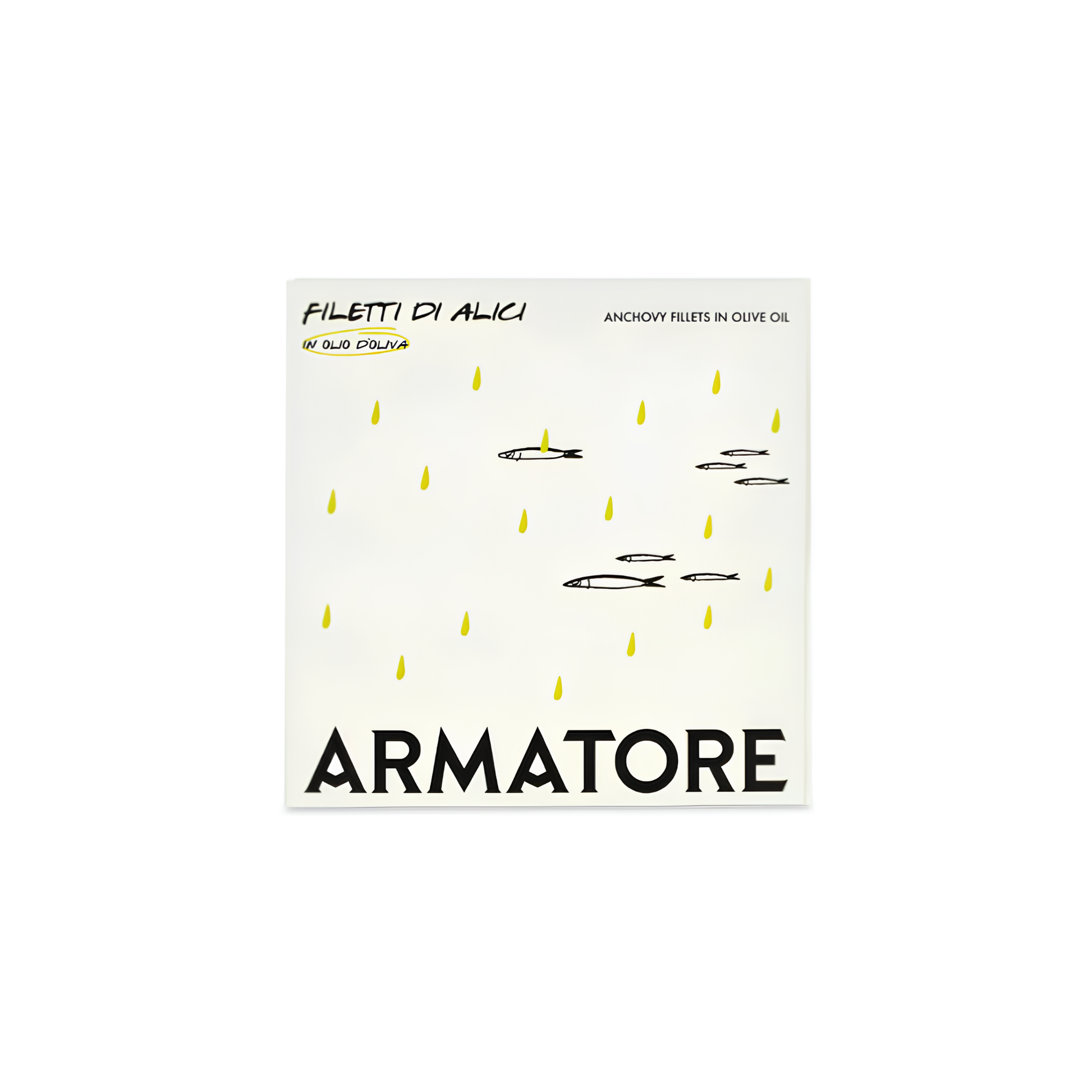 Front cover of the packaging of the Armatore Anchovy Fillets in Olive Oil 90g, handpicked and hand-processed that matured for a long time in salt and pure olive oil.