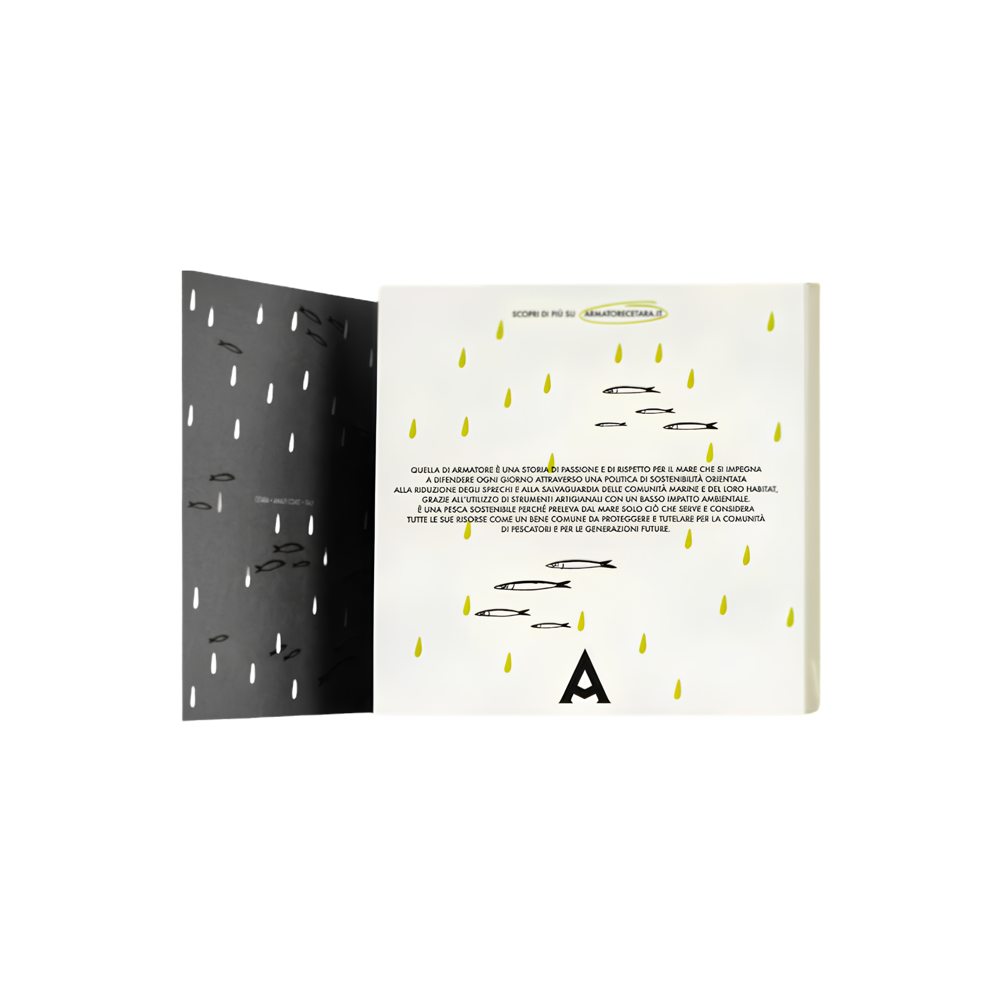 Cover opened from the packaging of the Armatore Anchovy Fillets in Olive Oil 90g, handpicked and hand-processed that matured for a long time in salt and pure olive oil.