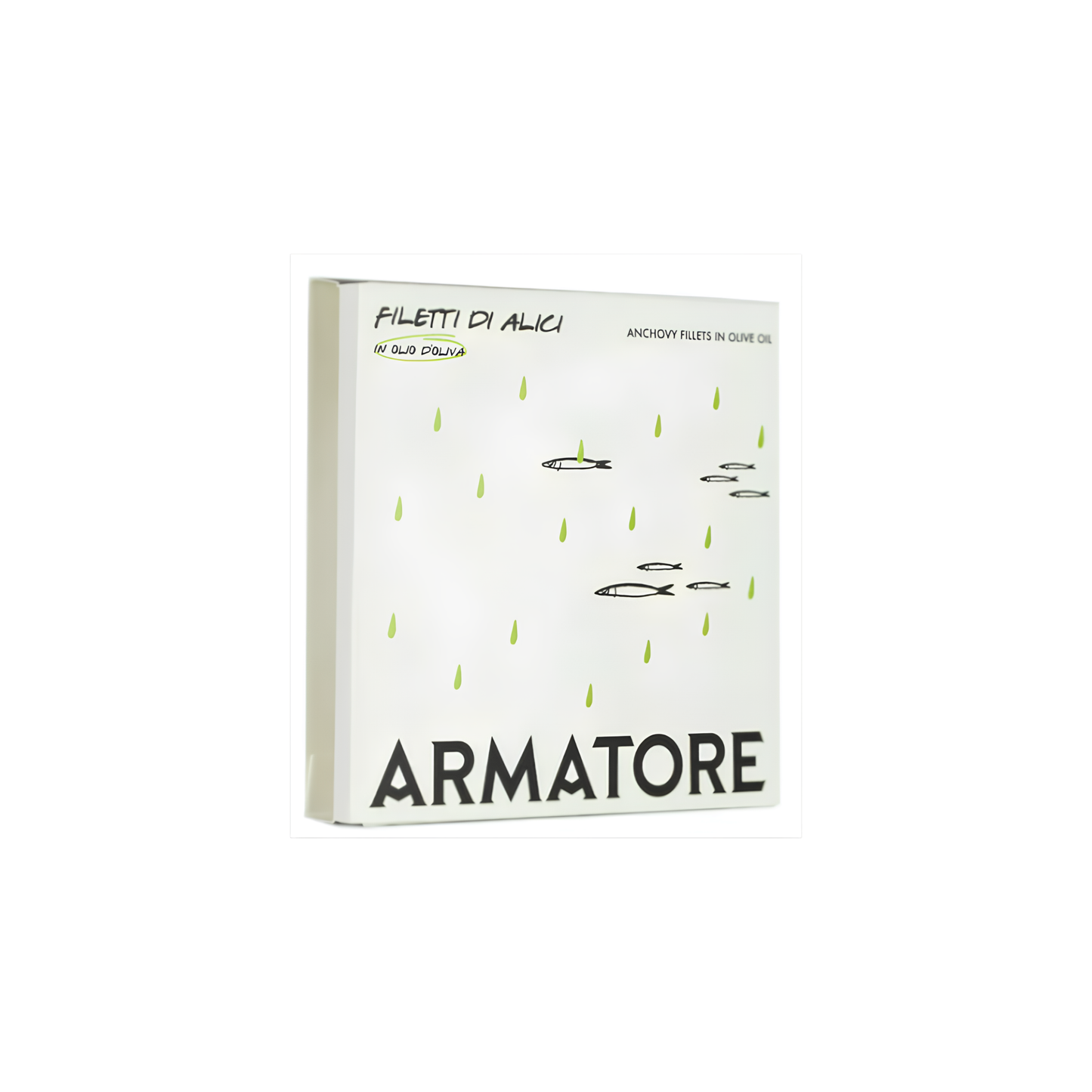 Semi side view of the packaging from the Armatore Anchovy Fillets in Olive Oil 90g, handpicked and hand-processed that matured for a long time in salt and pure olive oil.