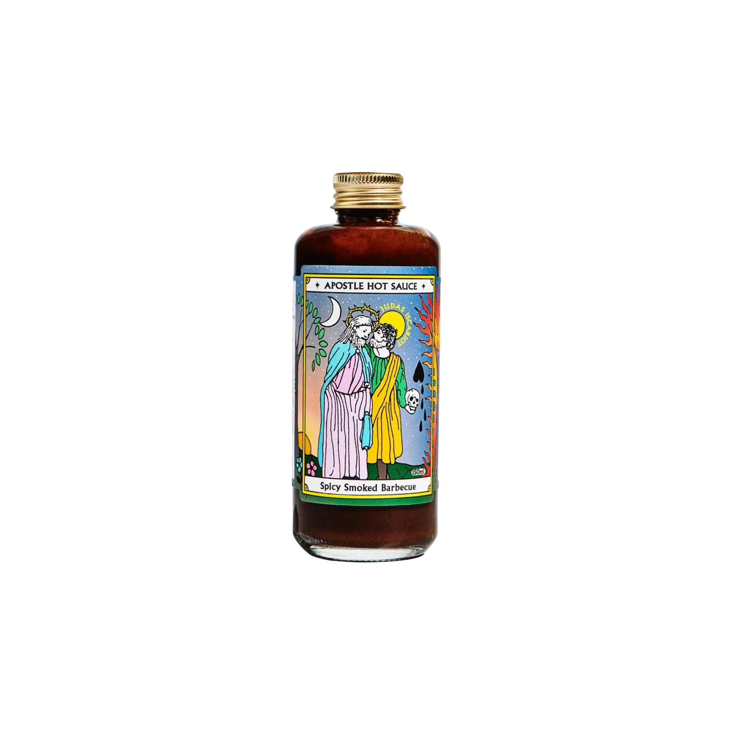 Front view of the bottle of Apostle Judas Iscariot Spicy Smoked Barbecue 150ml with inspiration from Louisiana barbecue, british brown sauces and carribbean jerk flavours.