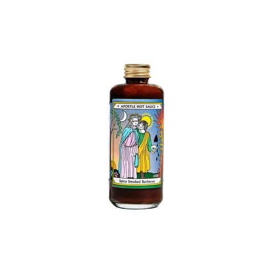Front view of the bottle of Apostle Judas Iscariot Spicy Smoked Barbecue 150ml with inspiration from Louisiana barbecue, british brown sauces and carribbean jerk flavours.