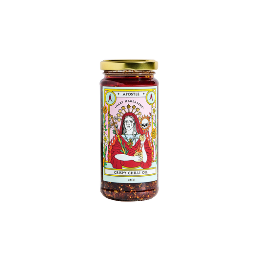 Front view of the bottle of the Apostle Mary Magdalene Crispy Chilli Oil 250ml inspired by flavours across the globe, a mouth-watering blend of crisp, fragranr spices and deep savoury flavour.