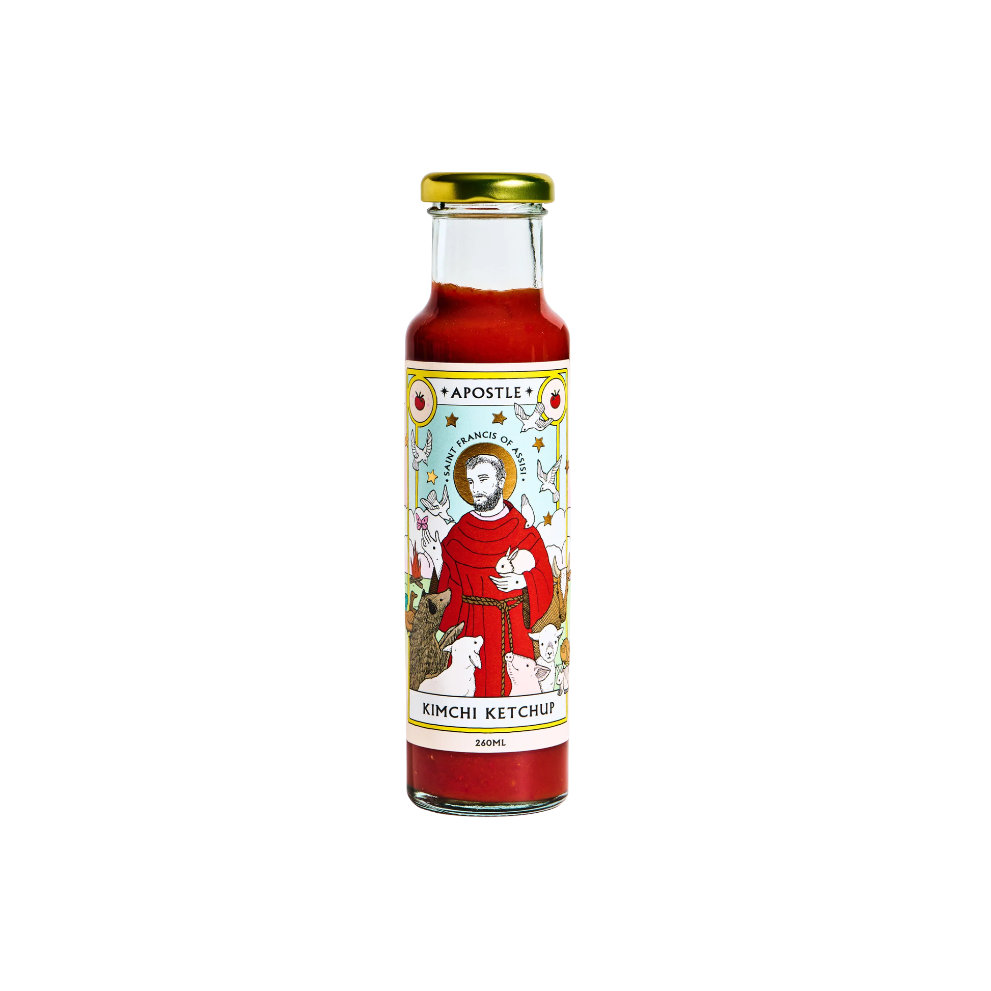 Front view of the bottle Apostle Saint Francis of Assisi Kimchi Ketchup 260ml that is 32 percent kimchi with tomato ketchup.
