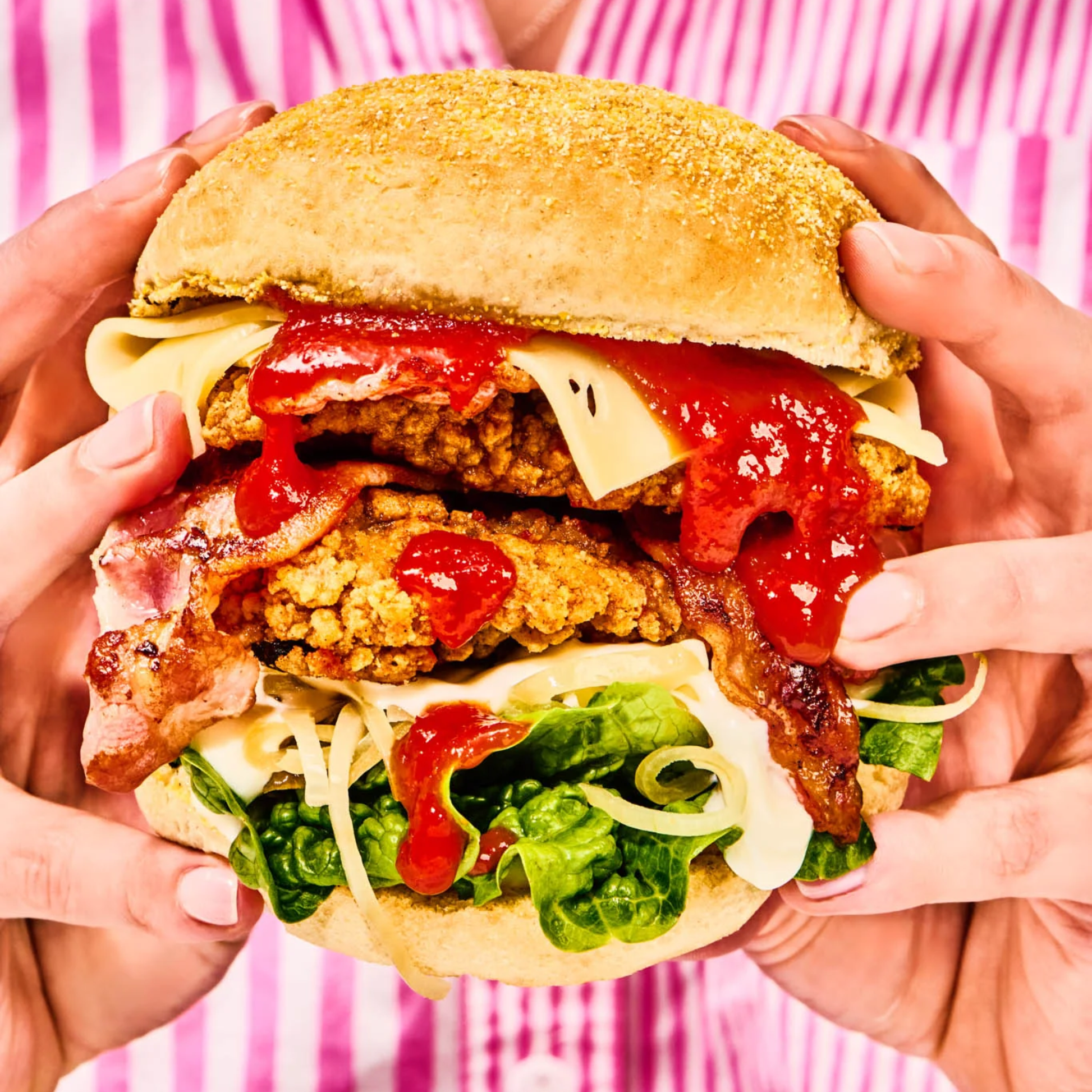 Sauce on the burger that is from the Apostle Saint Francis of Assisi Kimchi Ketchup 260ml that is 32 percent kimchi with tomato ketchup.