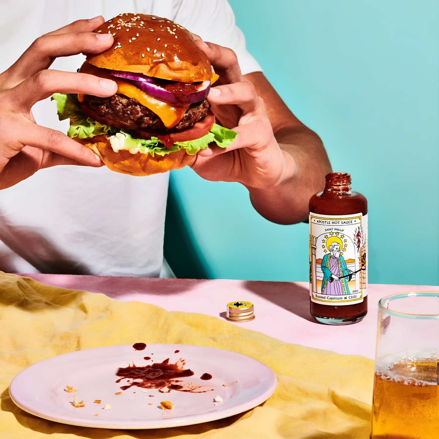 Sauce on the burger that is from Apostle Saint Phillip Roasted Capsicum & Chilli 150ml