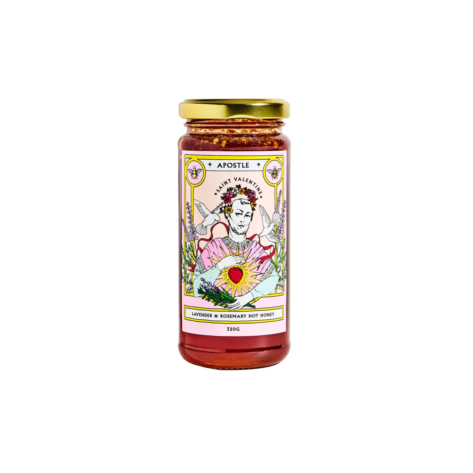 Front view of the bottle Apostle Saint Valentine Lavender & Rosemary Hot Honey 320g