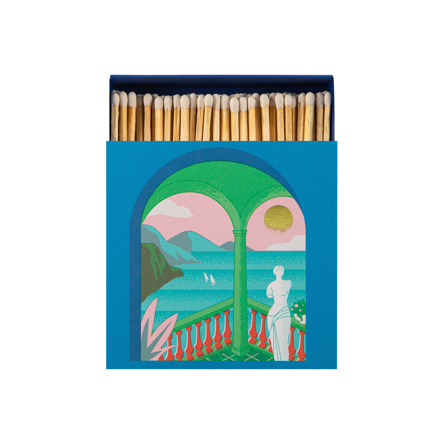 Upclose front view of Archivist A Romantic View Matches - Square Green Balcony Design Matchbox with Gold Foil Sunset - 125 Natural White-Tipped Matches in Blue Tray - FSC Wood, UK Made, Eco-Friendly Gift Decor