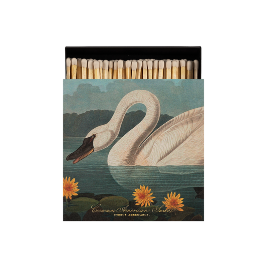 Uplcose front view of Archivist Common American Swan Matches - Square Matchbox with Swan and Lily Pad Design - 125 Black White-Tipped Matches in Black Tray - FSC Wood, UK Made, Eco-Friendly Decorative Match Set