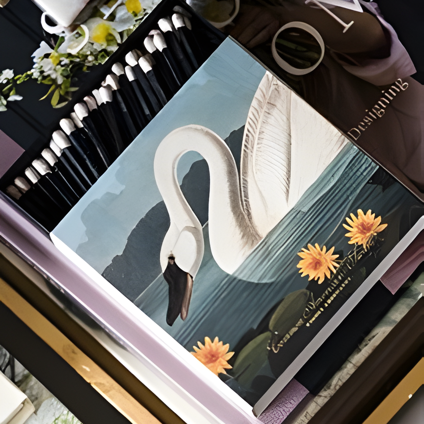 Upclose view of the white tipped matches with the front view of Archivist Common American Swan Matches - Square Matchbox with Swan and Lily Pad Design - 125 Black White-Tipped Matches in Black Tray - FSC Wood, UK Made, Eco-Friendly Decorative Match Set