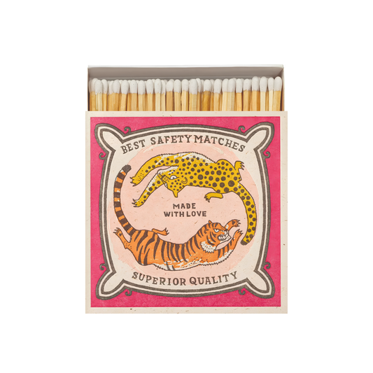 Front view and open Archivist Luxury Matches Chasing Big Cats in multicolour, FSC Mix certified paper matchbox with cheetah and tiger illustrations, containing 125 natural wooden matches with white tips.