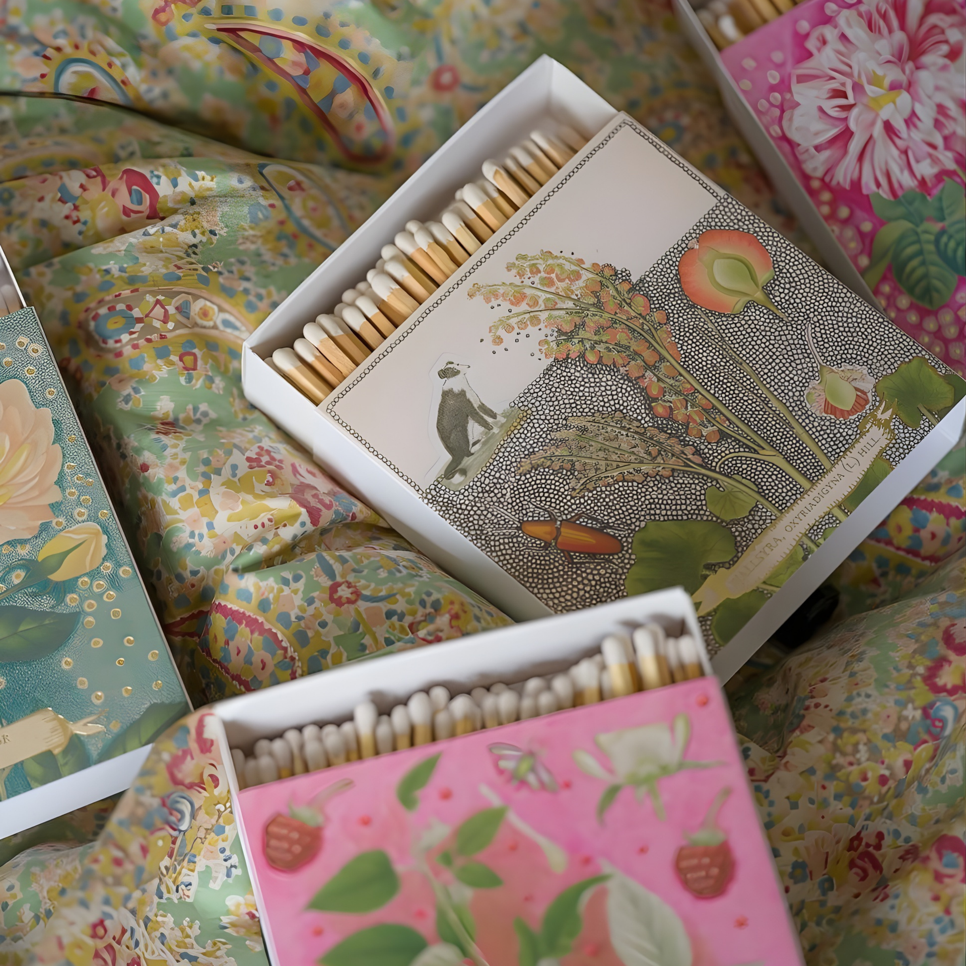 On a cloth surface, the Archivist Luxury Matches Chien Botanical Drawing which features a green and orange floral illustration with a collie dog and gold foil detail by Florence Balducci. Contains 125 matches (100 mm, white tips). Litho printed in the UK with FSC-certified wood and wrapped in compostable cello-ideal for coffee tables, mantelpieces, or gifting.