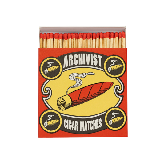Front view of Archivist Cigar Matches - Square Matchbox with Cigar Illustration and Red Tray - 125 Natural Red-Tipped Matches - FSC Wood, UK Letterpress Printed, Eco-Friendly Decorative Match Set