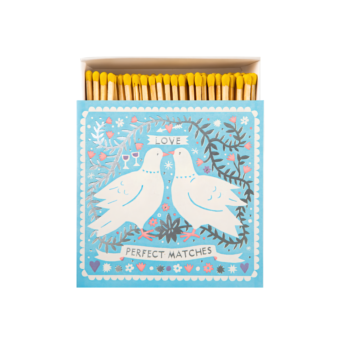 Front view and open Archivist Luxury Matches Dove Perfect in blue and white, FSC Mix certified paper matchbox with two white doves, 125 natural wooden matches with yellow tips.