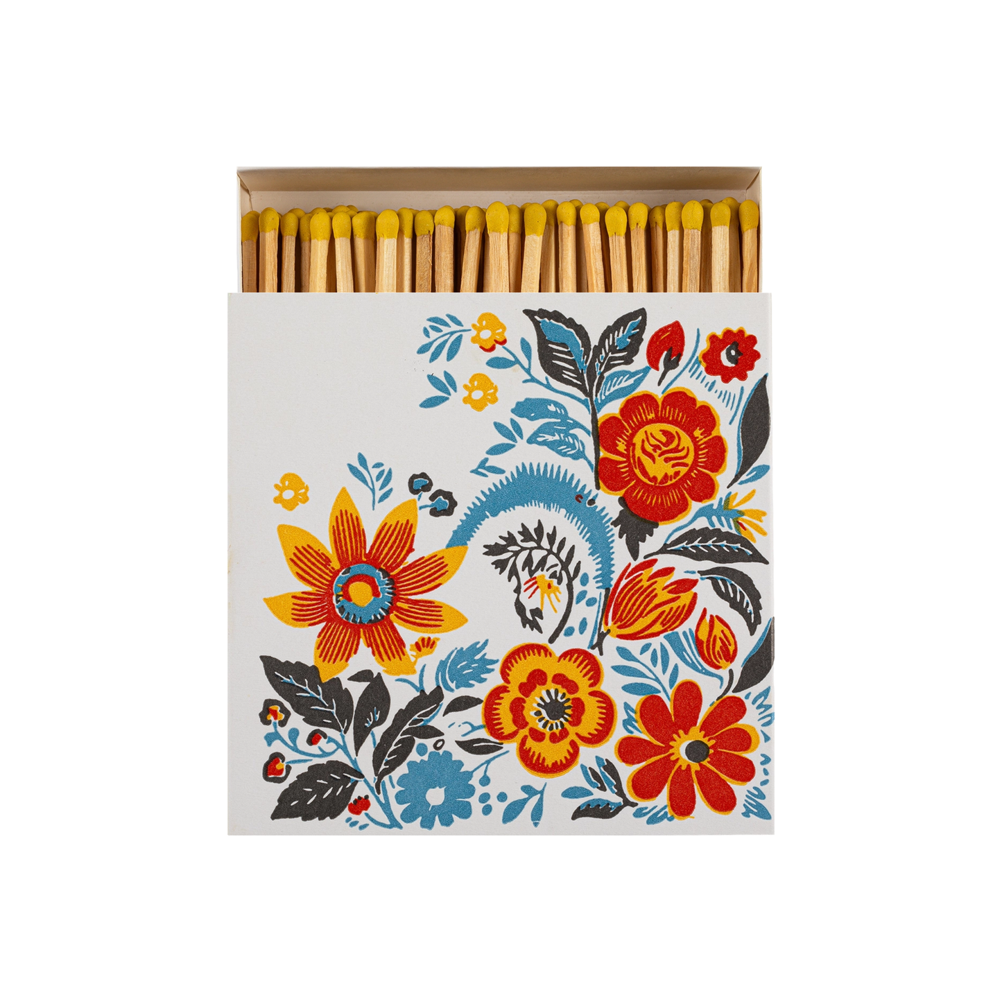 Front view of Archivist Flower Matches - Square Matchbox with Colourful Floral Design and White Tray - 125 Natural Yellow-Tipped Matches - FSC Wood, UK Letterpress Printed, Eco-Friendly Decorative Match Set