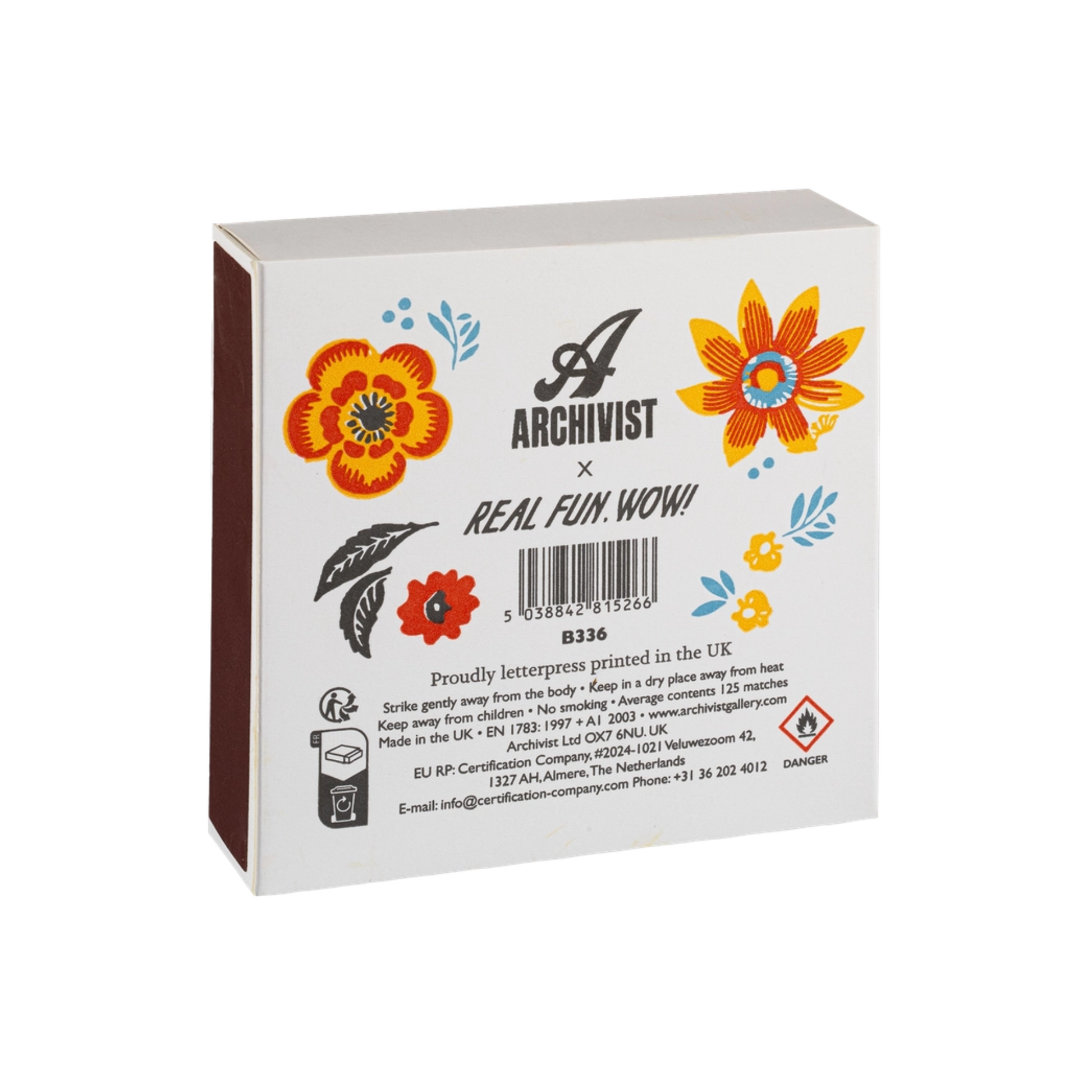 Back view of Archivist Flower Matches - Square Matchbox with Colourful Floral Design and White Tray - 125 Natural Yellow-Tipped Matches - FSC Wood, UK Letterpress Printed, Eco-Friendly Decorative Match Set
