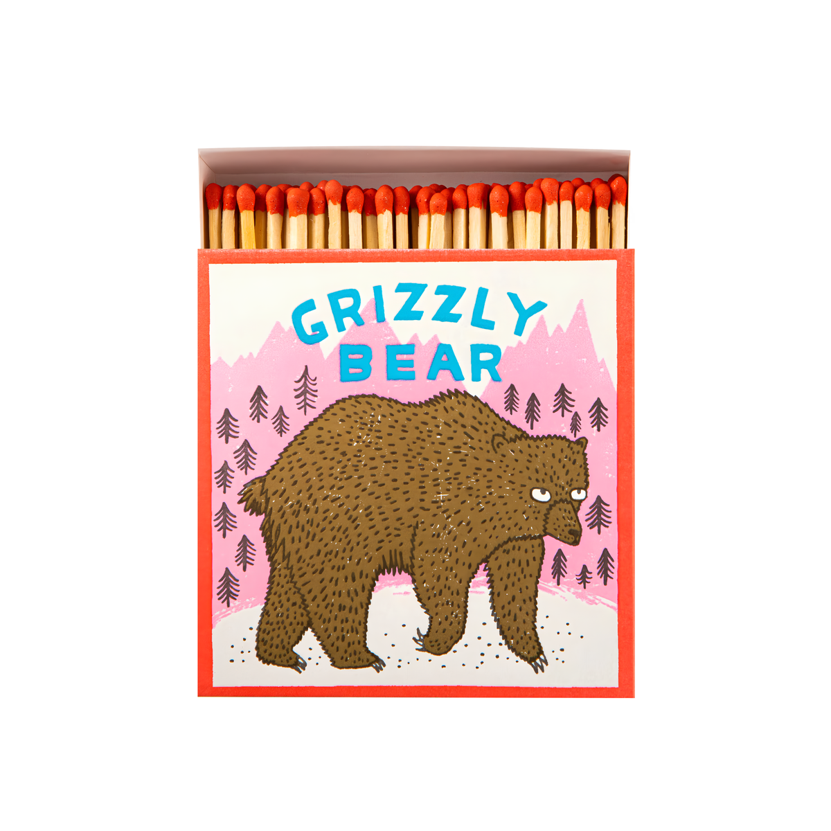 Front view of Archivist Luxury Matches Grizzly Bear in brown, black and pink, FSC Mix certified paper matchbox with grizzly bear and mountain illustrations, containing 125 natural wooden matches with red tips.