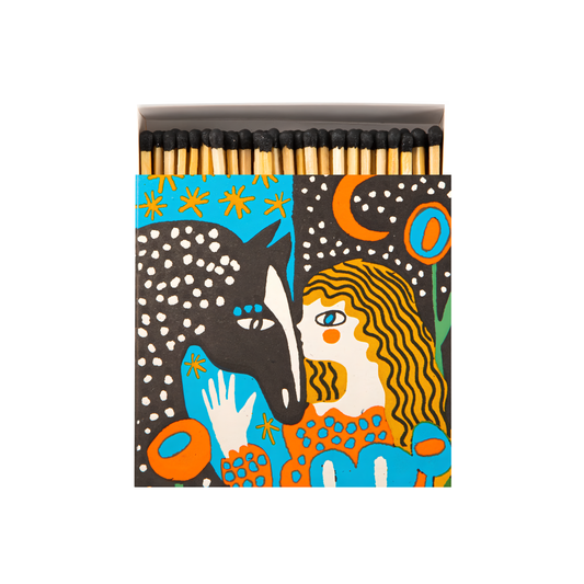 Front view of Archivist Luxury Matches Heart Horse in blue with a starry sky, FSC Mix certified paper matchbox featuring a girl and horse illustration, with 125 natural wooden matches and black tips.