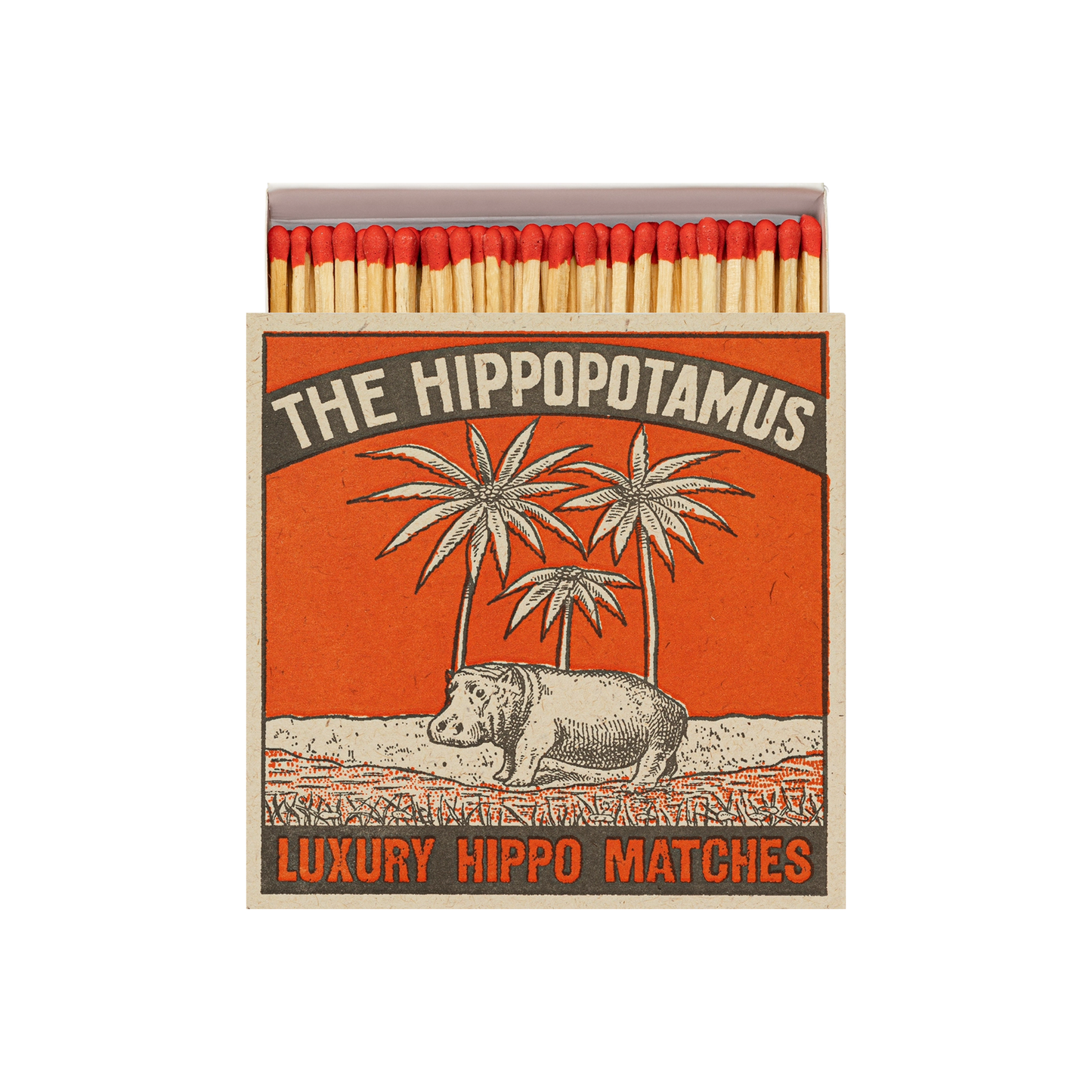Front view of Archivist Hippopotamus Matches - Square Matchbox with Luxury Hippo and Palm Tree Design - 125 Natural Red-Tipped Matches - FSC Wood, UK Letterpress Printed, Eco-Friendly Decorative Match Set