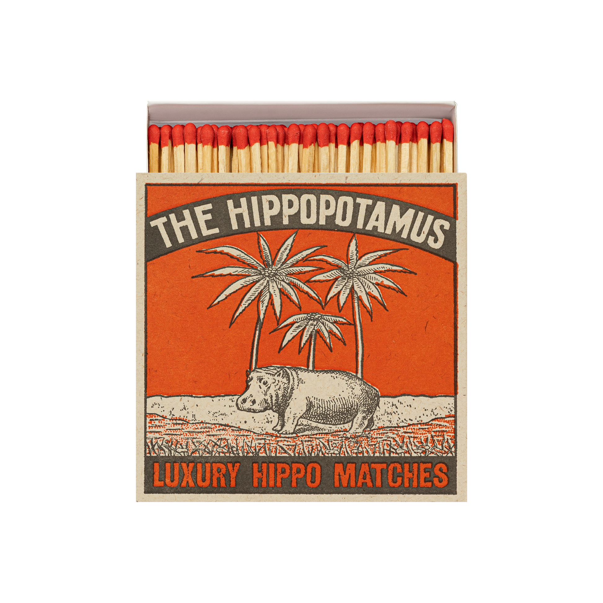 Front view of Archivist Hippopotamus Matches - Square Matchbox with Luxury Hippo and Palm Tree Design - 125 Natural Red-Tipped Matches - FSC Wood, UK Letterpress Printed, Eco-Friendly Decorative Match Set