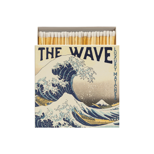 Front view of Archivist Hokusai Wave Matches - Square Matchbox with The Great Wave Art Design - 125 Natural White-Tipped Matches - FSC Wood, UK Litho Printed, Eco-Friendly Decorative Match Set