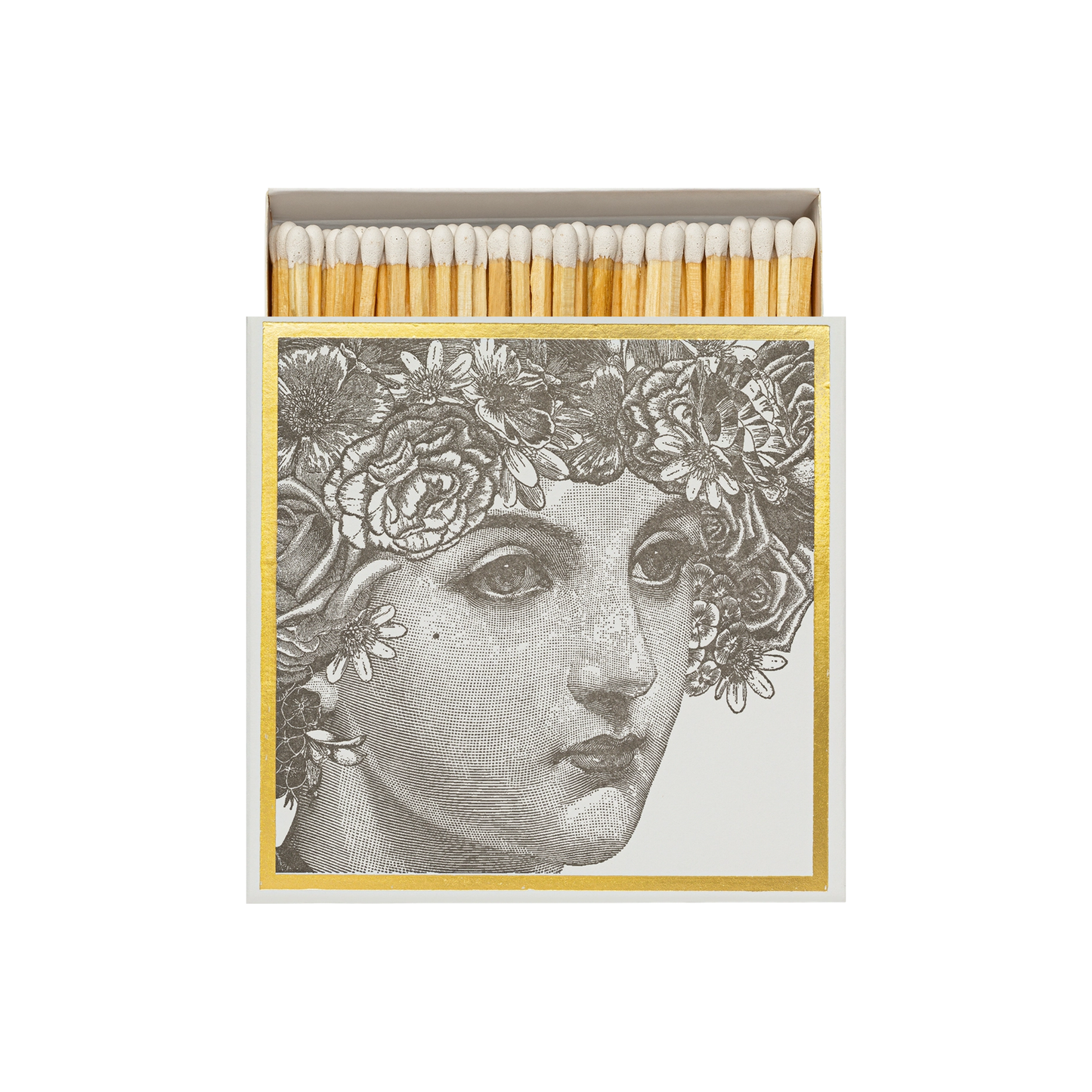 Archivist Lady Matches - Square Matchbox with Floral Lady Illustration and Gold Foil Border - 125 Natural White-Tipped Matches - FSC Wood, UK Letterpress Printed, Decorative Eco-Friendly Match Set