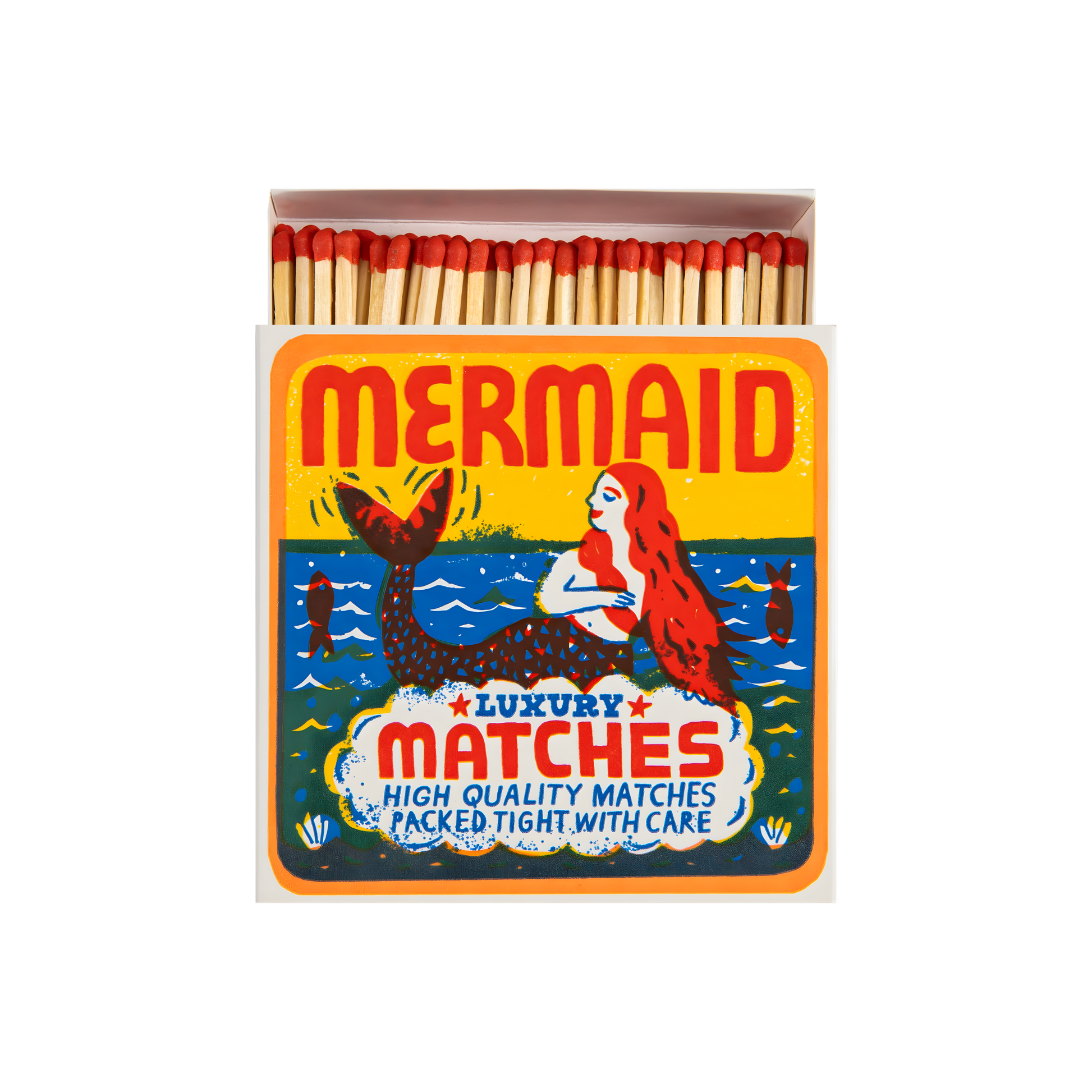 Front view and open Archivist Luxury Matches Mermaid which features a playful sardine tin illustration with a mermaid by The Printed Peanut. Contains 125 matches (100 mm, red tips), letterpress printed in the UK using FSC-certified wood and wrapped in compostable cello-ideal for coffee tables, mantelpieces, or gifting.