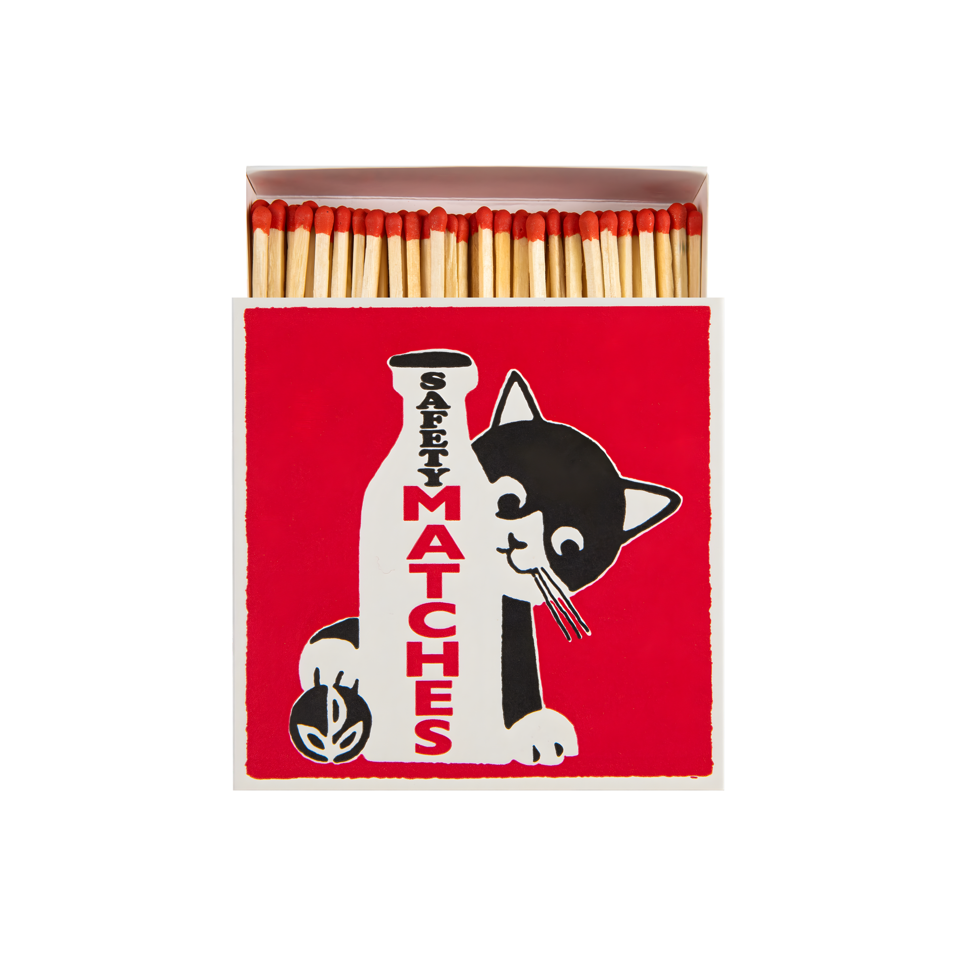 Front view and open Archivist Luxury Matches Milk Bottle Cat which features a black and white cat peeking around a milk bottle with the words "Safety Matches." Contains 125 matches (100mm, red tips), letterpress printed in the UK. Made with FSC-certified wood and wrapped in compostable cello, designed to add character to coffee tables, mantelpieces, and gift drawers.