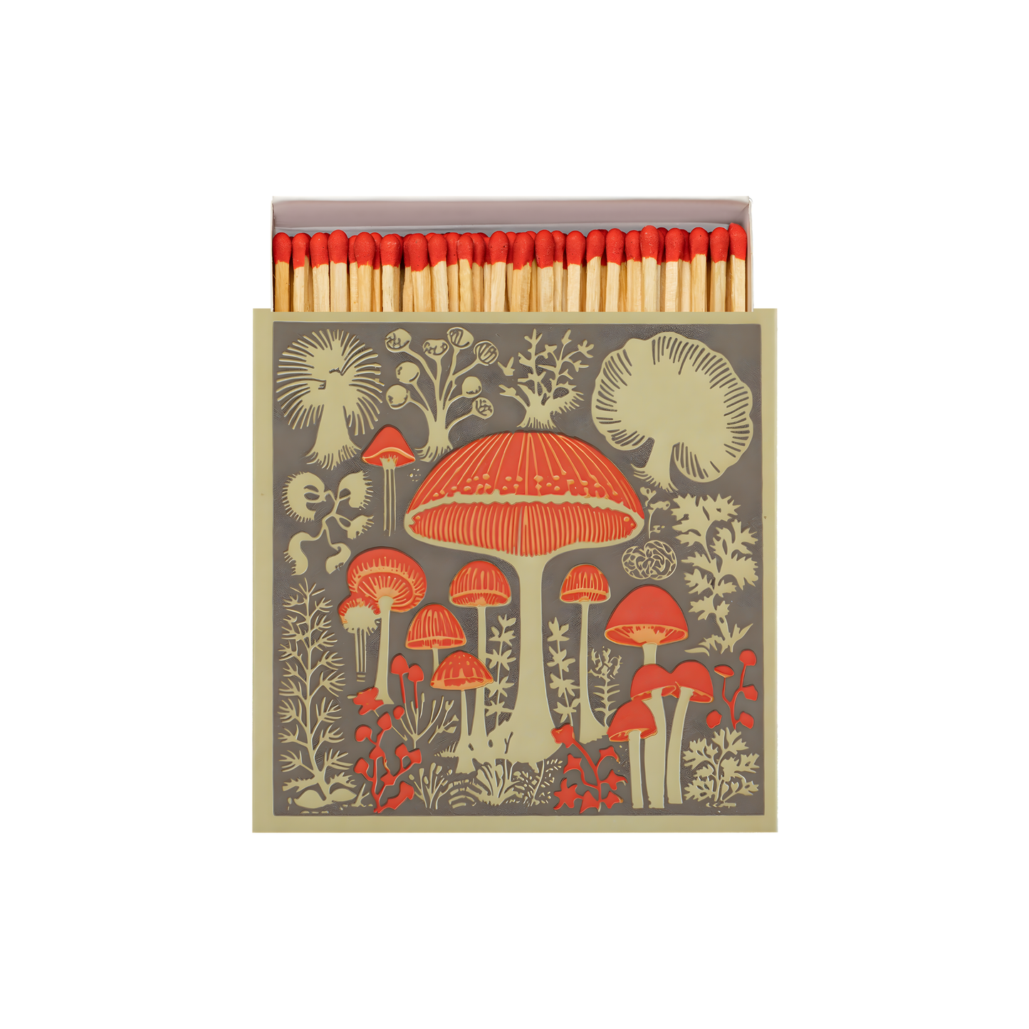Front view and open Archivist Luxury Matches Mushroom which features a selection of wild mushrooms in neutral tones with red accents. Contains 125 matches (100 mm, red tips, white tray), letterpress printed in the UK with FSC-certified wood and wrapped in compostable cello-ideal for coffee tables, mantelpieces, or gifting.