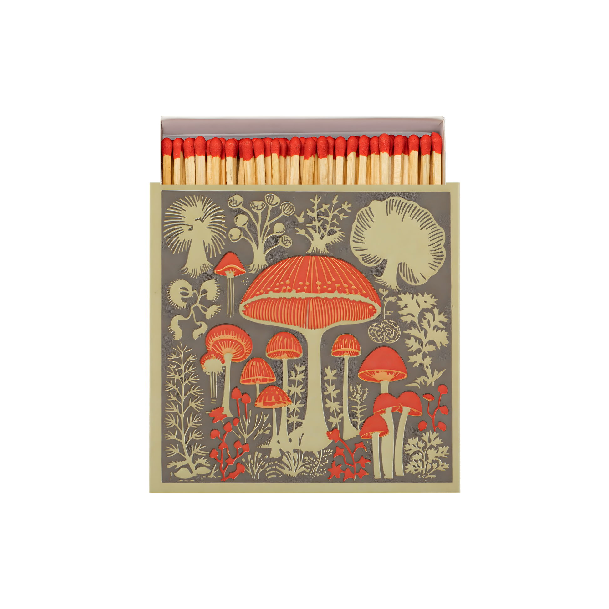 Front view and open Archivist Luxury Matches Mushroom which features a selection of wild mushrooms in neutral tones with red accents. Contains 125 matches (100 mm, red tips, white tray), letterpress printed in the UK with FSC-certified wood and wrapped in compostable cello-ideal for coffee tables, mantelpieces, or gifting.