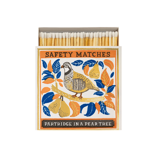 Front view of Archivist Partridge in a Pear Tree Matches - Square Matchbox with Partridge and Pear Tree Design - Natural White-Tipped Matches - FSC Wood Material, UK Letterpress Print, Eco-Friendly Decorative Match Set