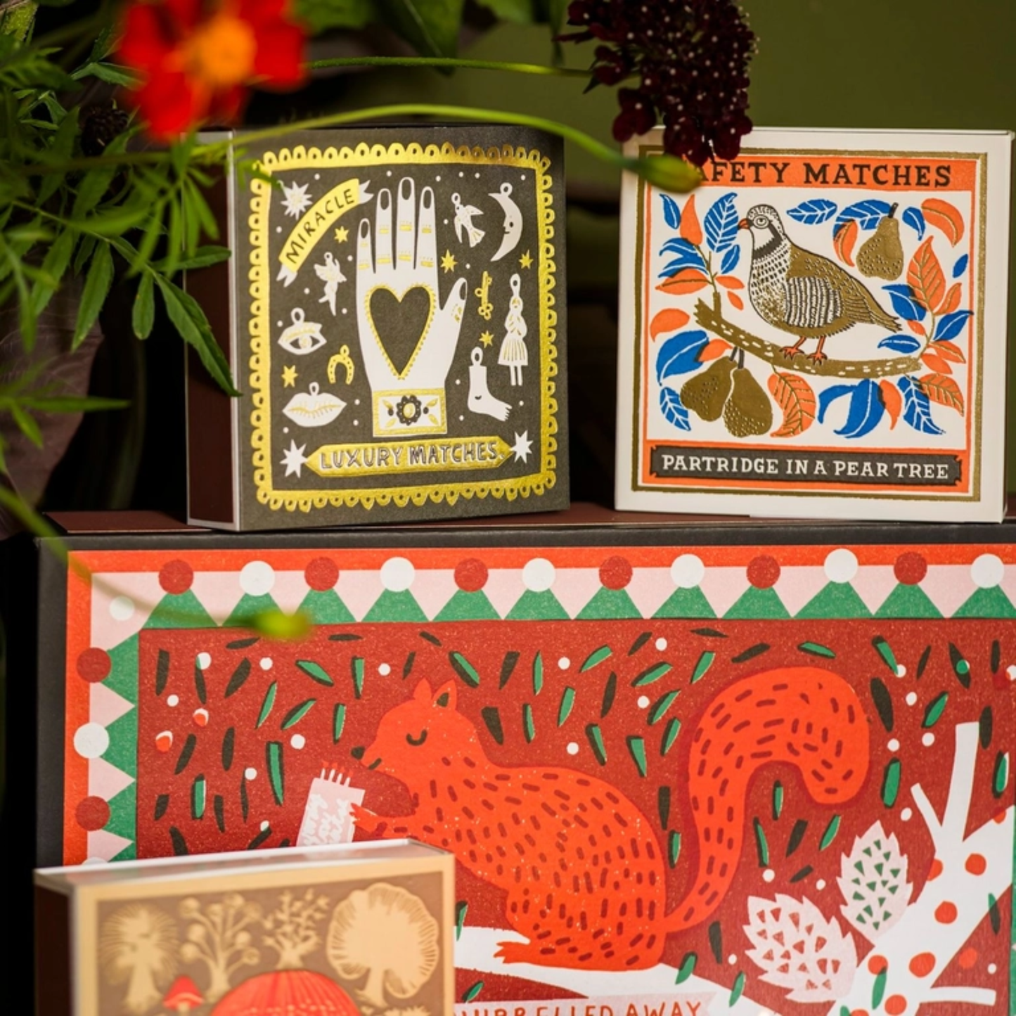 Shown with other match styles Archivist Partridge in a Pear Tree Matches - Square Matchbox with Partridge and Pear Tree Design - Natural White-Tipped Matches - FSC Wood Material, UK Letterpress Print, Eco-Friendly Decorative Match Set