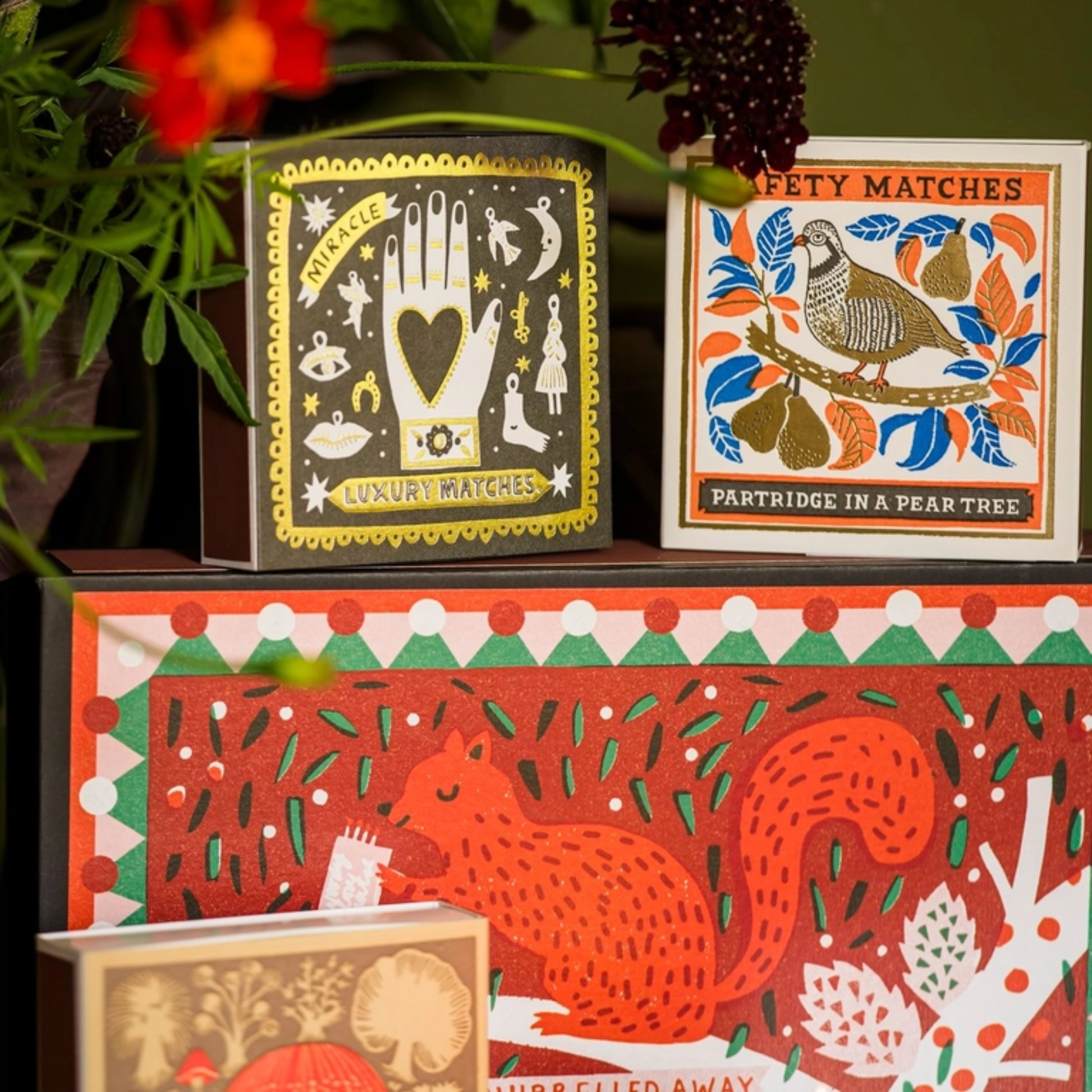 Shown with other match styles Archivist Partridge in a Pear Tree Matches - Square Matchbox with Partridge and Pear Tree Design - Natural White-Tipped Matches - FSC Wood Material, UK Letterpress Print, Eco-Friendly Decorative Match Set