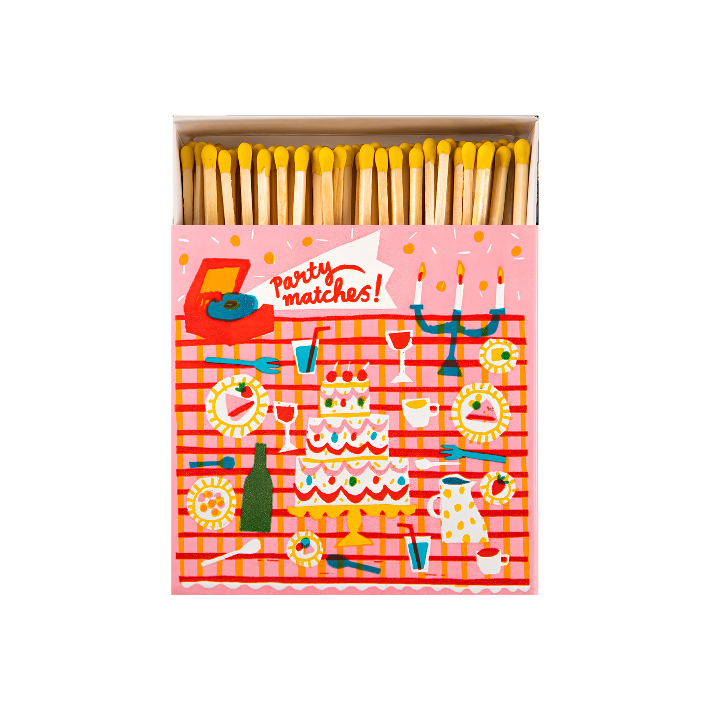 Front view of the Archivist Luxury Matches featuring an illustration Picnic Party with cakes and drinks, 'Party Matches' text.
