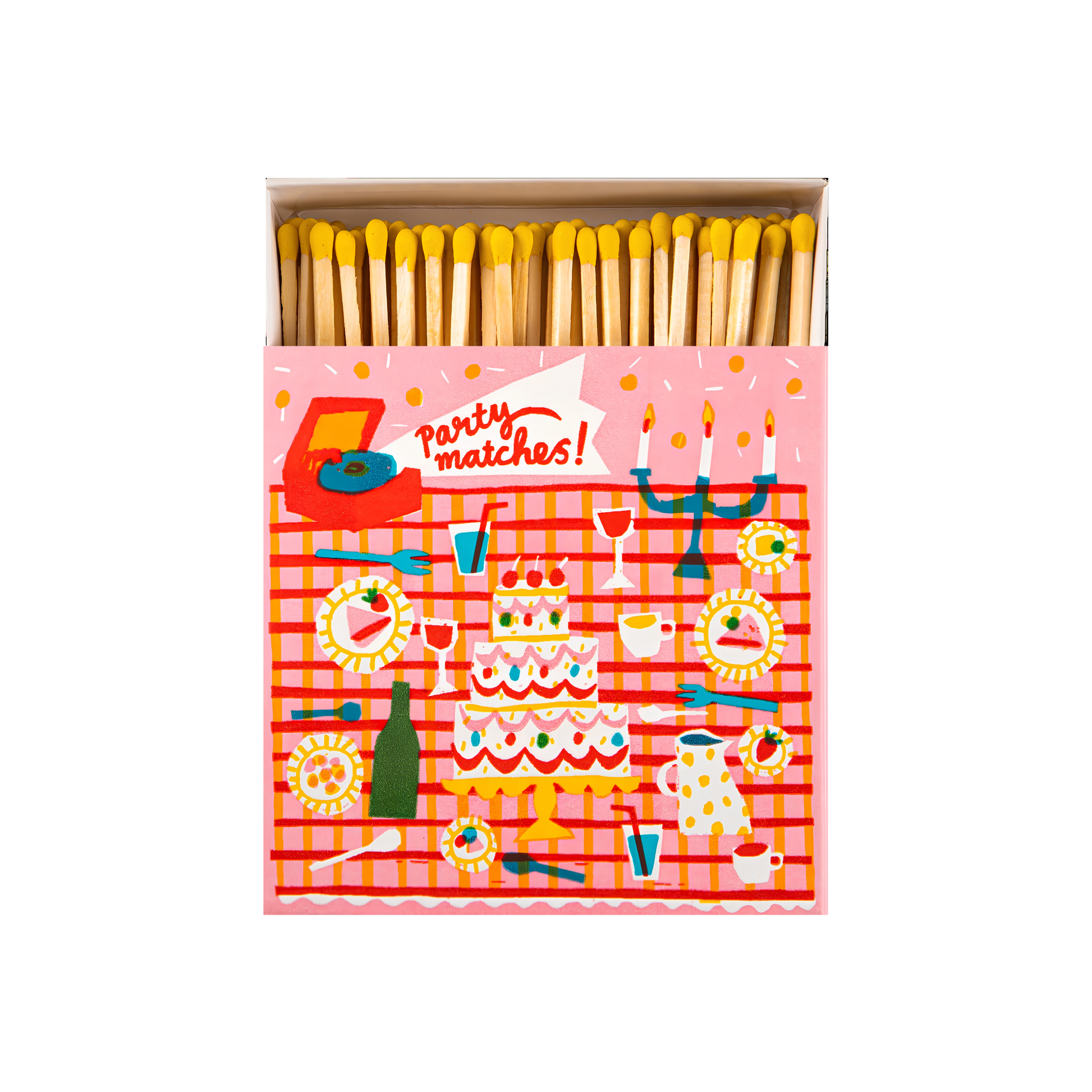Front view of the Archivist Luxury Matches featuring an illustration Picnic Party with cakes and drinks, 'Party Matches' text.