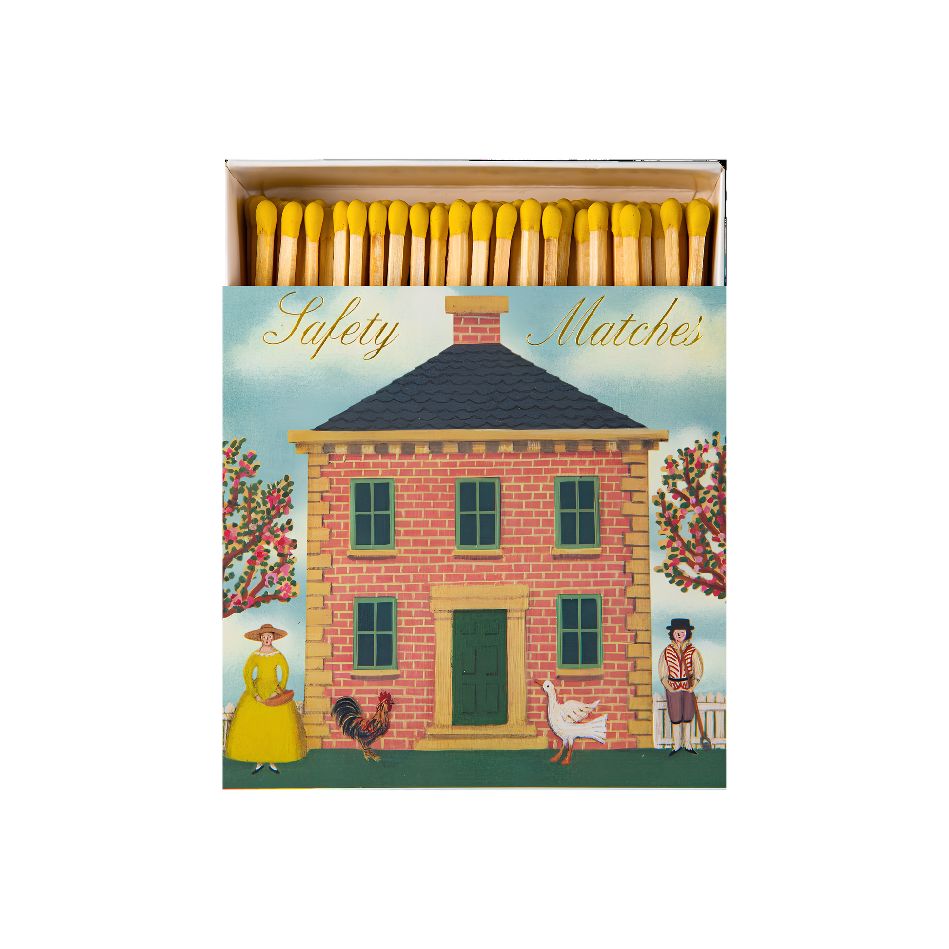 Front view of the Archivist Luxury Matches featuring a Red Brick House with chicken and goose outside with the words 'Safety Matches'.