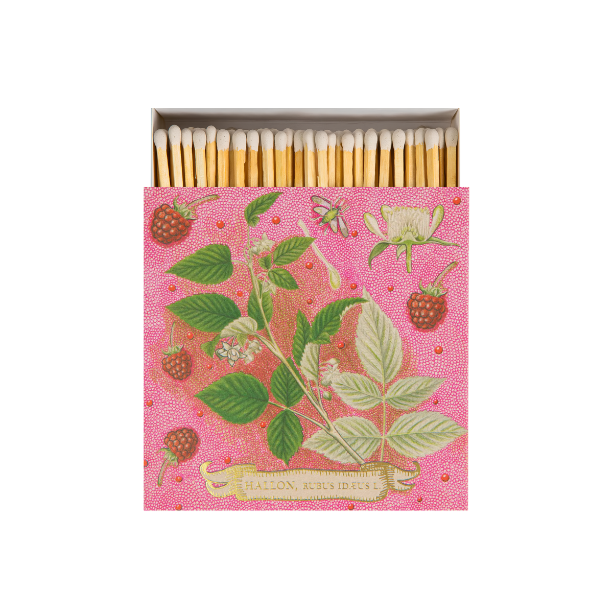 Front view of Archivist Luxury Matches Rose Framboise in pink and green, FSC Mix certified paper matchbox with raspberry and leaf illustrations, gold foil details and 125 natural wooden matches with white tips.