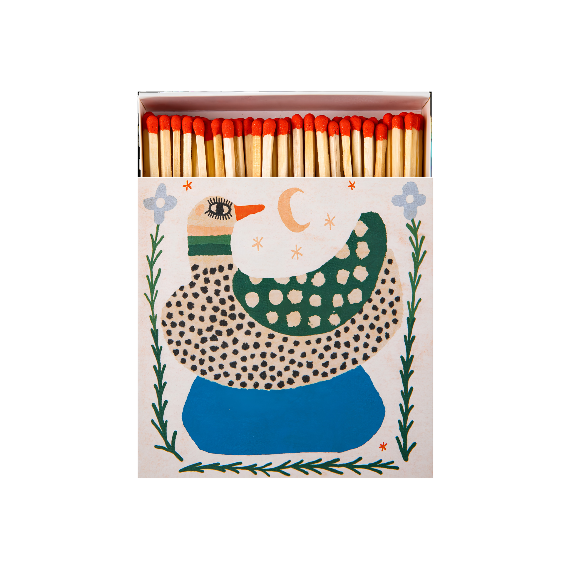 Front view of the Archivist Luxury Matches featuring an illustration of a Spotted Duck with green wings sitting in a pond beneath the moon.