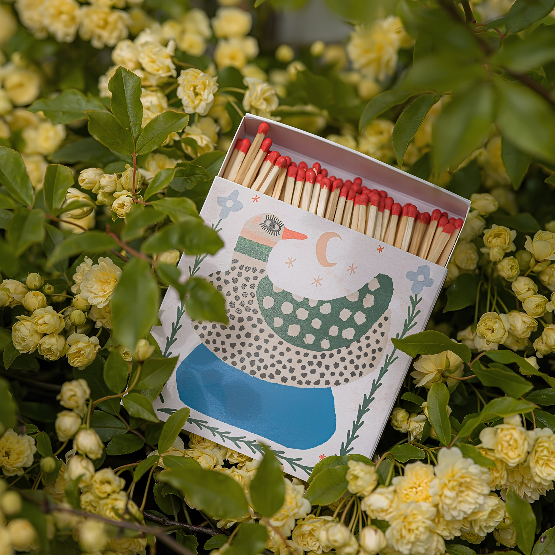On top of the little yellow flowers, the Archivist Luxury Matches featuring an illustration of a Spotted Duck with green wings sitting in a pond beneath the moon.