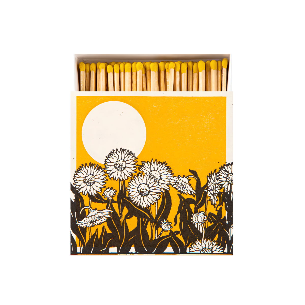 Front view and open Archivist Luxury Matches Sunflower Fields in yellow and beige, FSC Mix certified paper matchbox with sunflower field illustration, containing 125 natural wooden matches with yellow tips.
