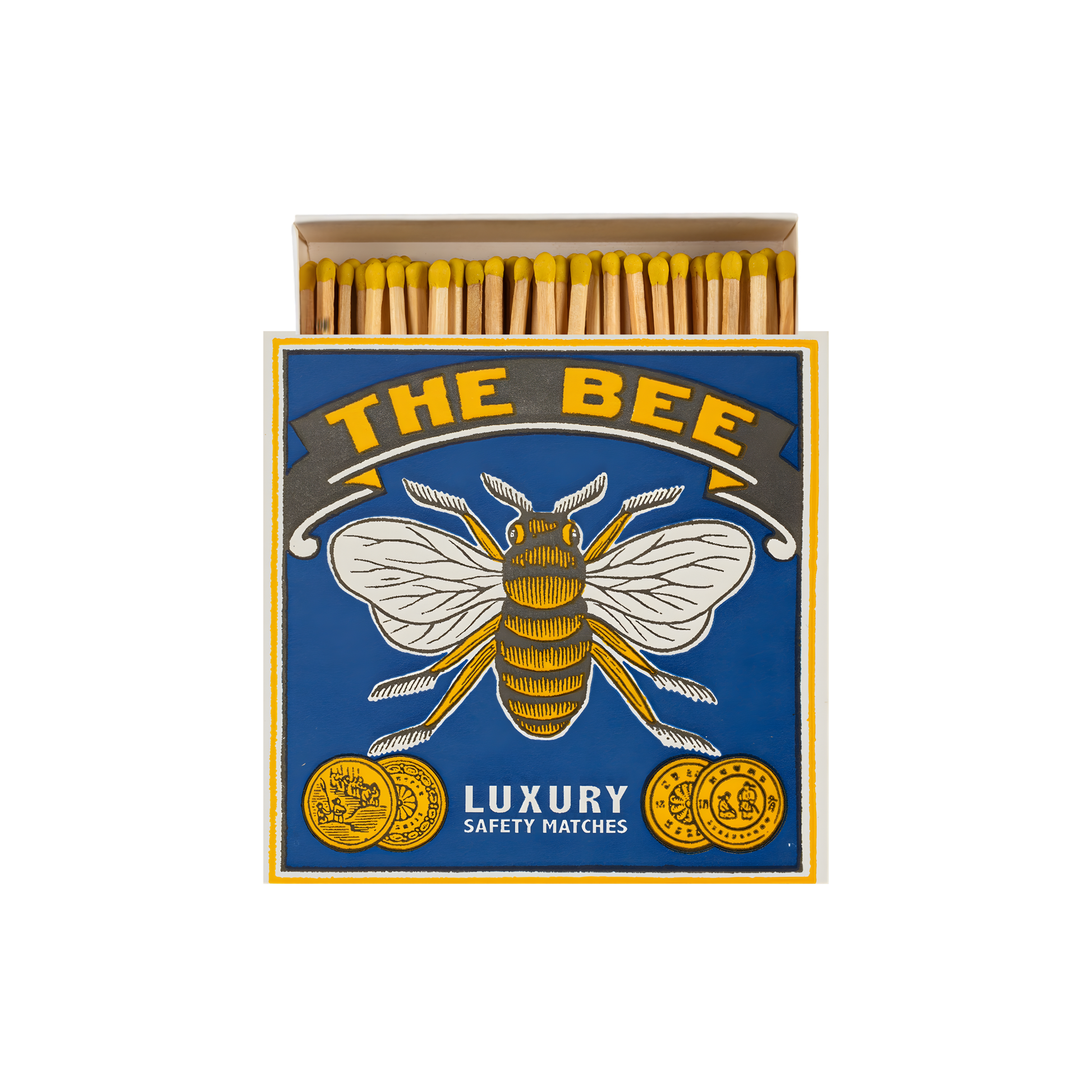 Front view and open Archivist Luxury Matches The Bee which features a bumblebee on a blue background with the words "The Bee, Luxury Safety Matches." Contains 125 matches (100 mm, yellow tips, white tray), letterpress printed in the UK with FSC-certified wood and wrapped in compostable cello-perfect for coffee tables, mantelpieces, or gifting.