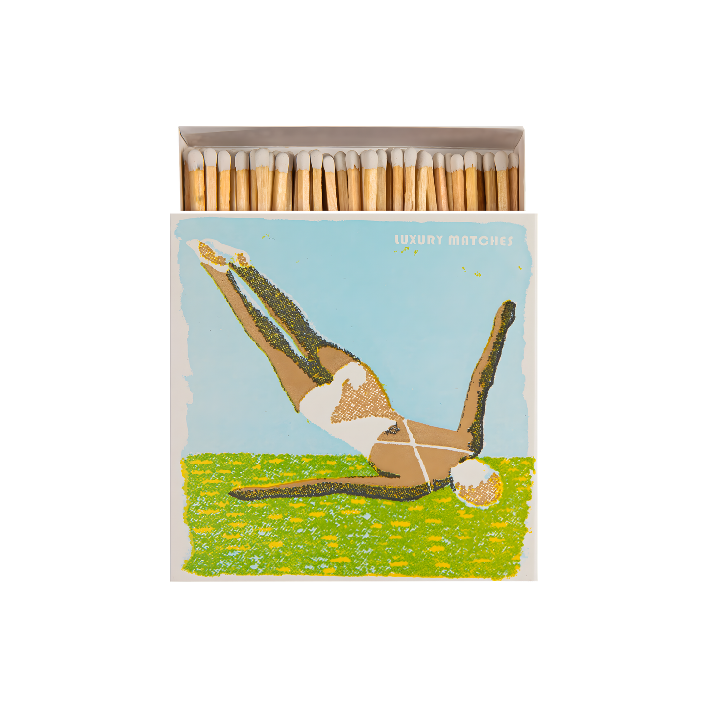 Front view and open Archivist Luxury Matches The Diver which features a vintage-inspired illustration of a woman diving elegantly into the water. Contains 125 matches (100 mm, blue tips, white tray), letterpress printed in the UK with FSC-certified wood and wrapped in compostable cello-perfect for coffee tables, mantelpieces, or gifting.